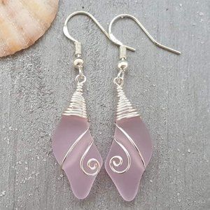 Wire Wave Pink Sea Glass Earrings Women Jewelry Gift